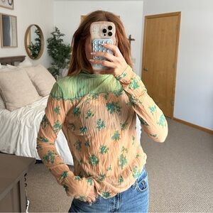 Topshop Floral Long Sleeve Top - Green and Tan
